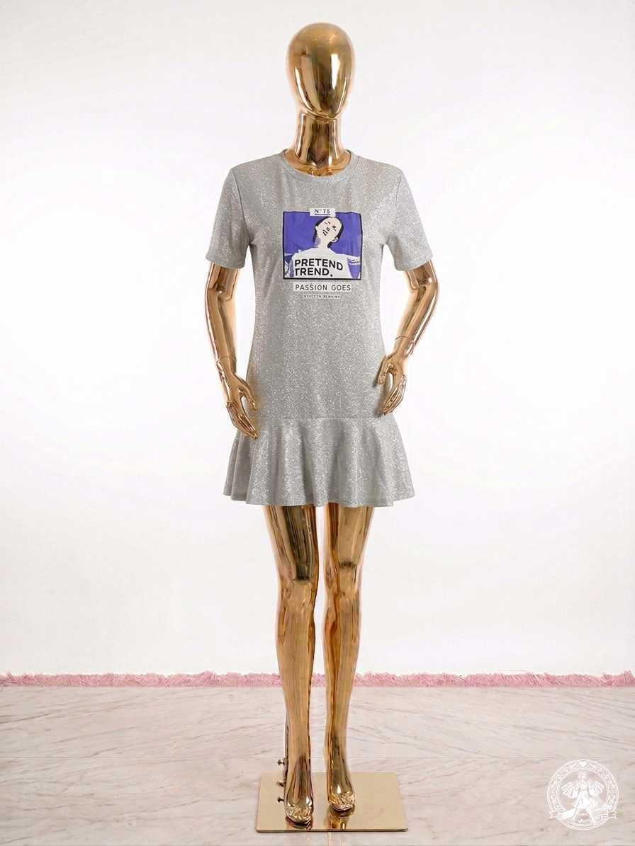 Shimmering Silver Ruffle-Hem Graphic Dress -size 10 to 14